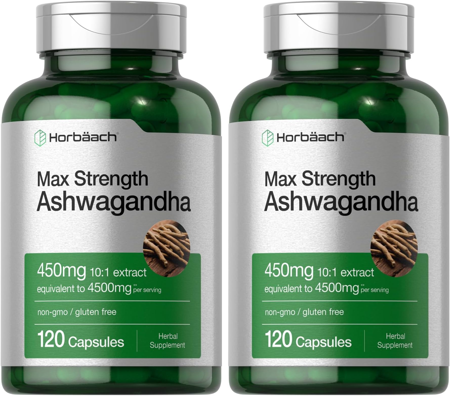 Horbäach Ashwagandha supplement bottle with 120 capsules in a pack of 2