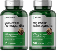 Horbäach Ashwagandha supplement bottle with 120 capsules in a pack of 2