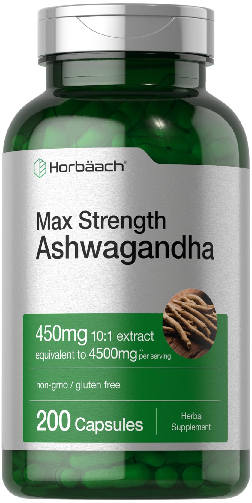 Horbäach Ashwagandha supplement bottle with 200 capsules