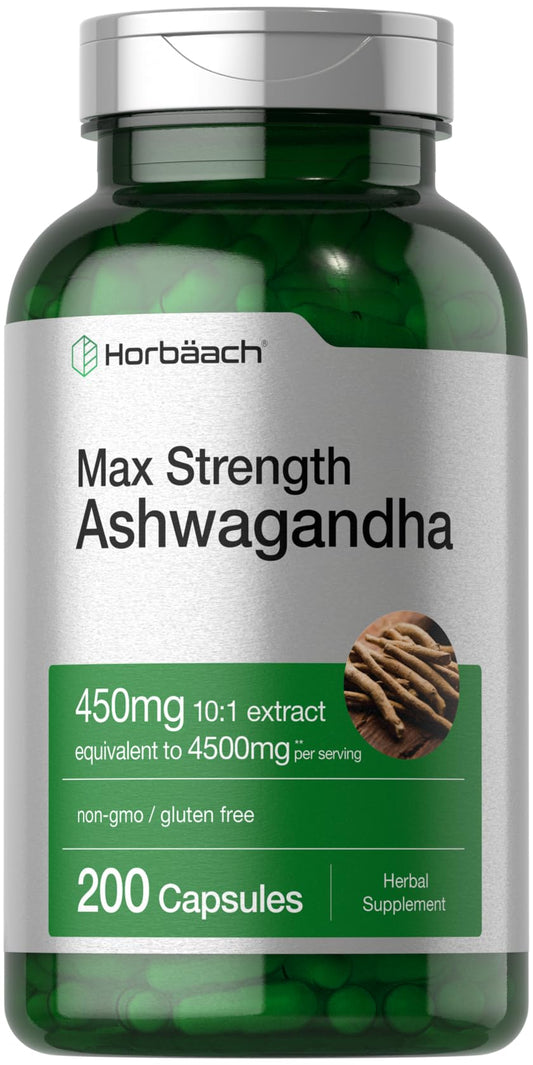 Horbäach Ashwagandha supplement bottle with 200 capsules