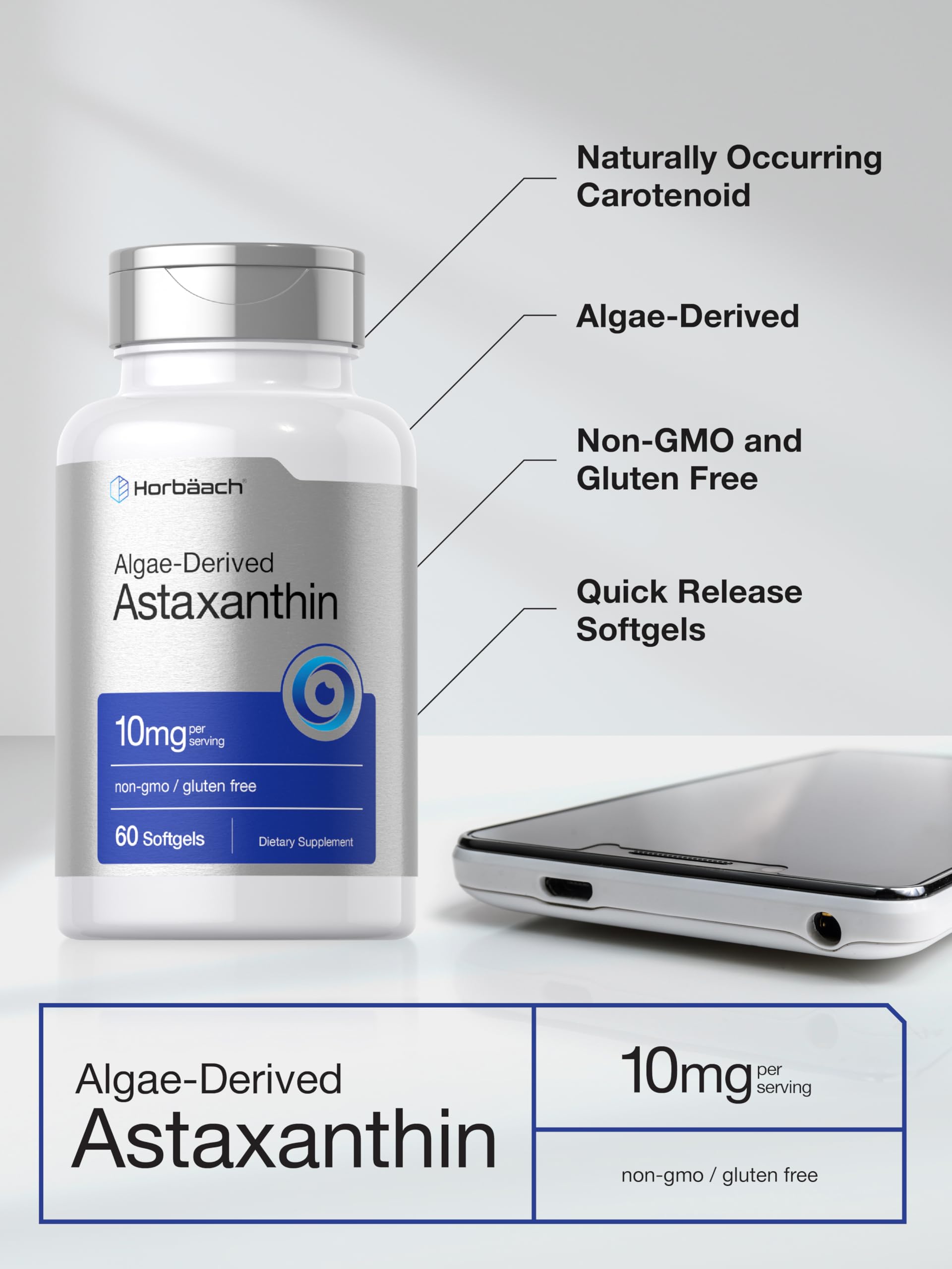 Algae-derived Astaxanthin softgels in bottle