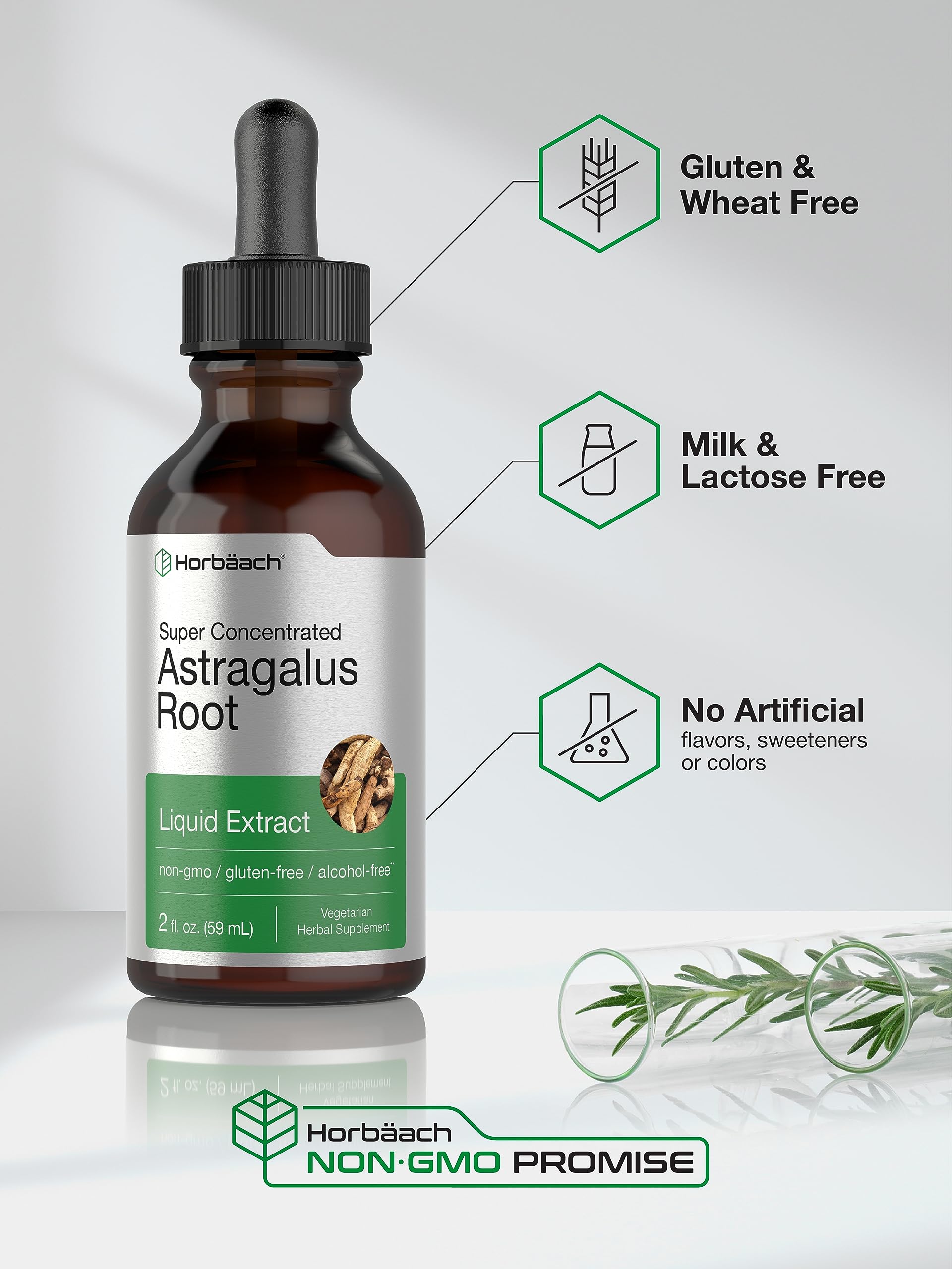 Gluten-free and Non-GMO labeling on Horbäach Astragalus packaging