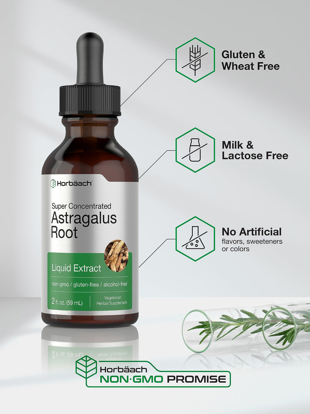 Gluten-free and Non-GMO labeling on Horbäach Astragalus packaging