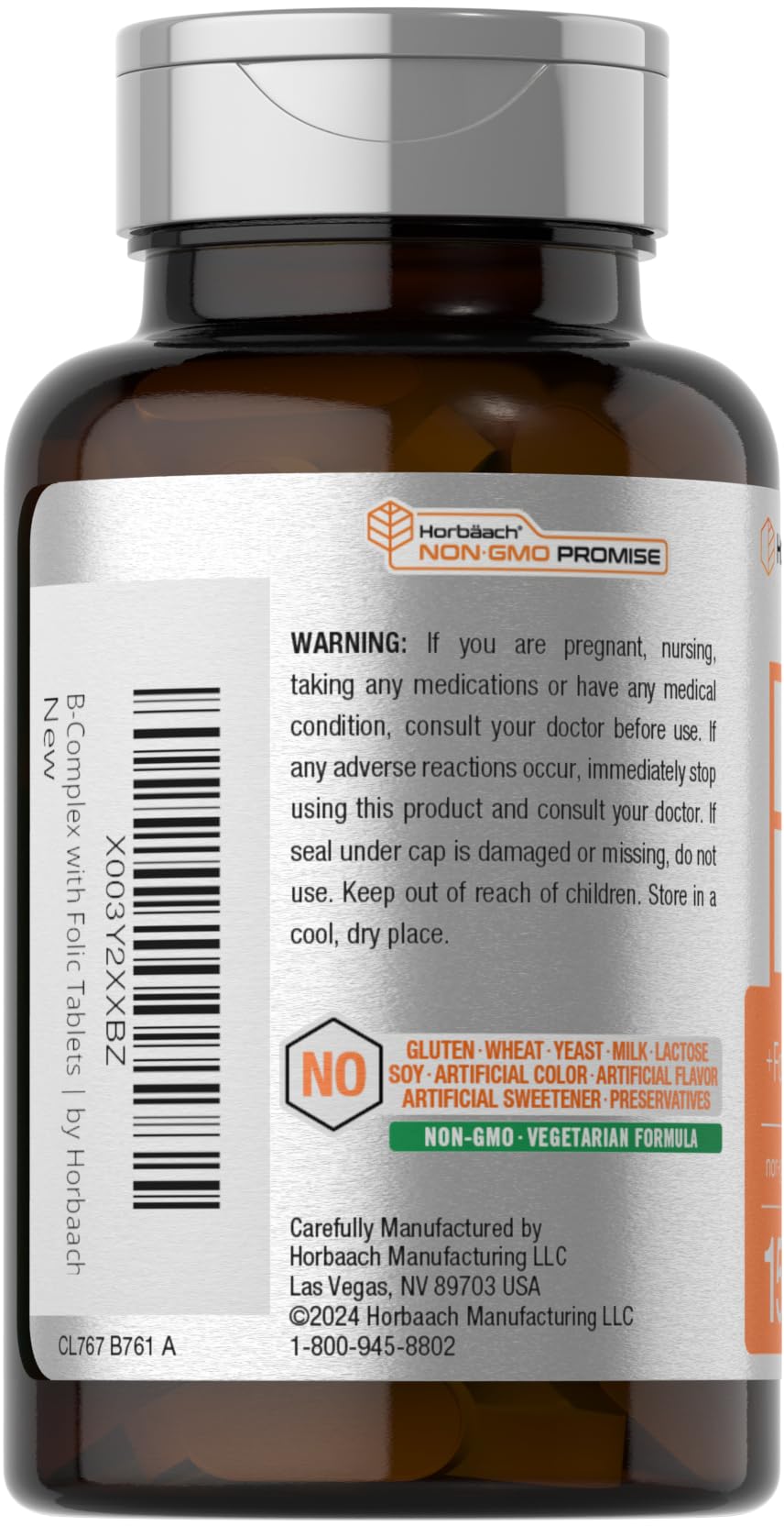 B Complex vitamins label showing B1, B2, B6, B12, Folic Acid, Biotin and Vitamin C