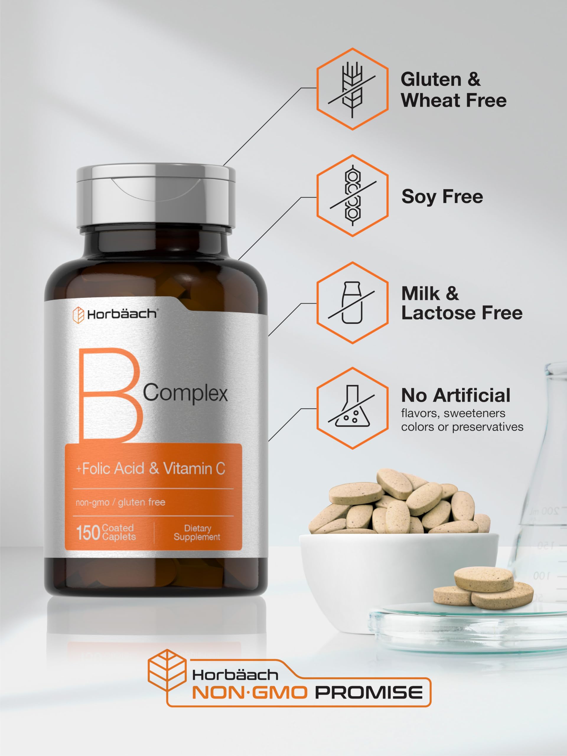 Horbaach B Complex caplets arranged with ingredients