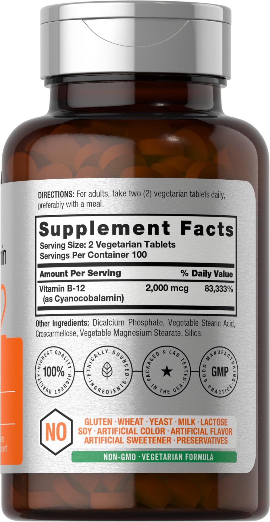 Close-up of Horbaach B12 Vitamin 2000 mcg bottle label