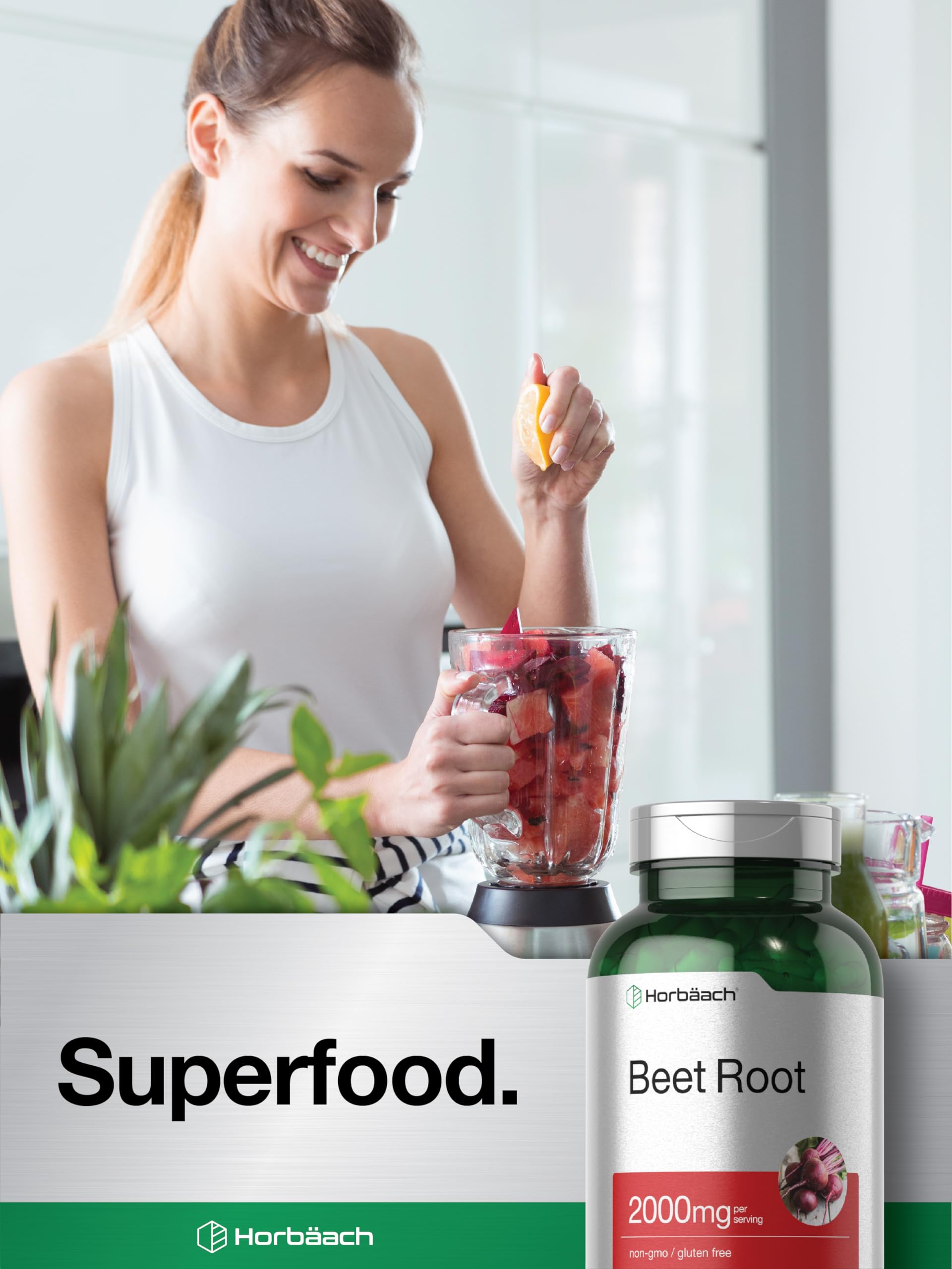 Front view of Horbaach Beet Root Powder Capsules bottle on white background