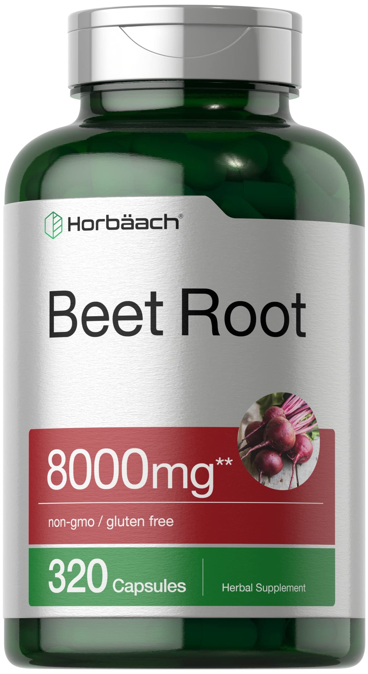 Horbäach Beet Root Powder Capsules bottle label showing 8000 mg per serving
