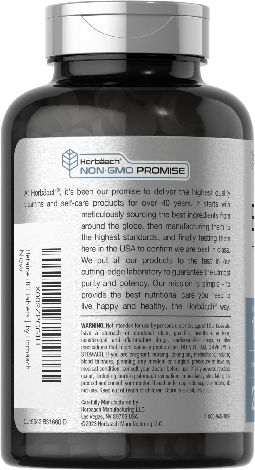 Non-GMO and Gluten-Free icons on Horbaach Betaine HCl with Pepsin