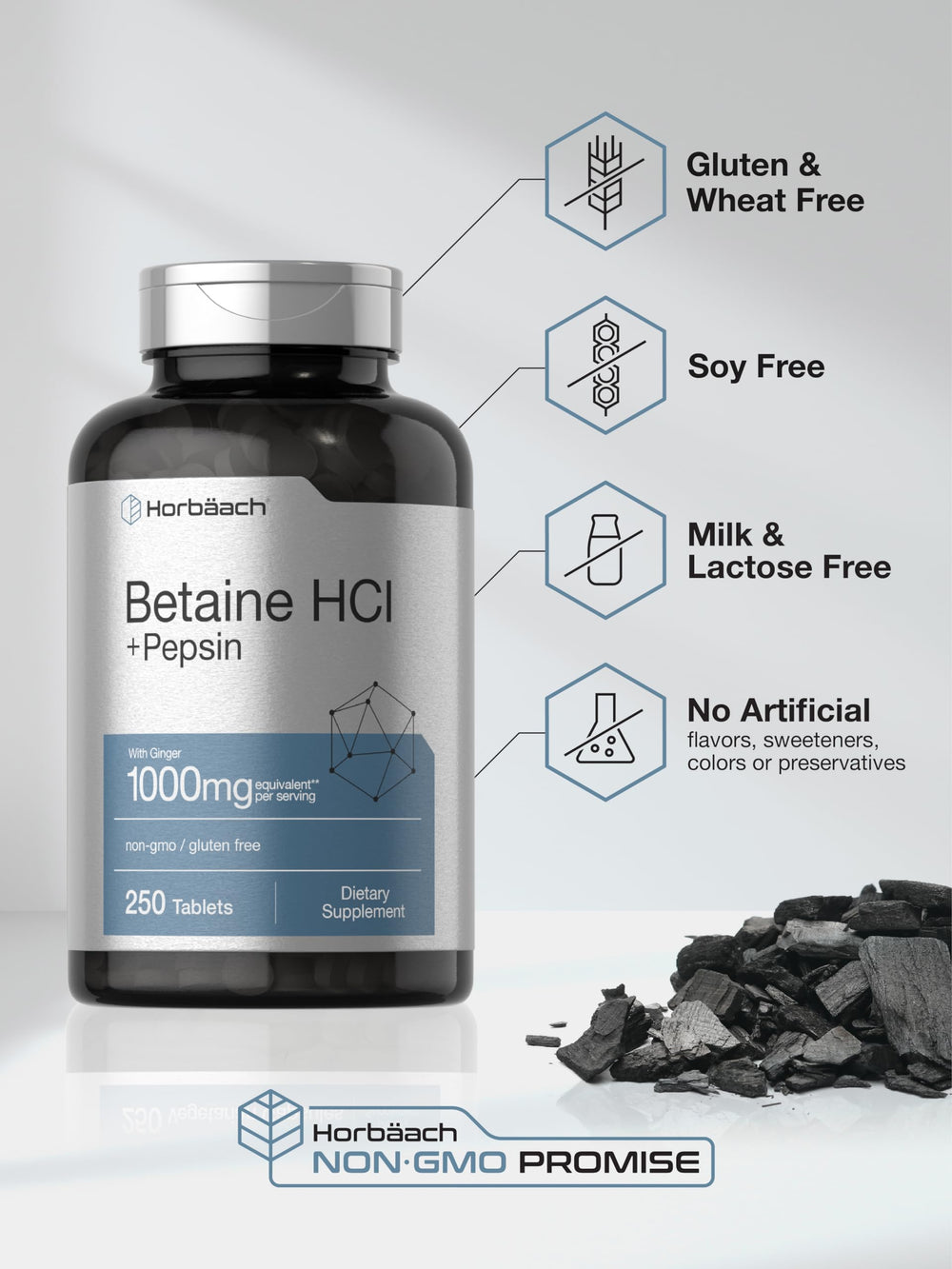 Vegetarian formula text on Horbaach Betaine HCl with Pepsin label