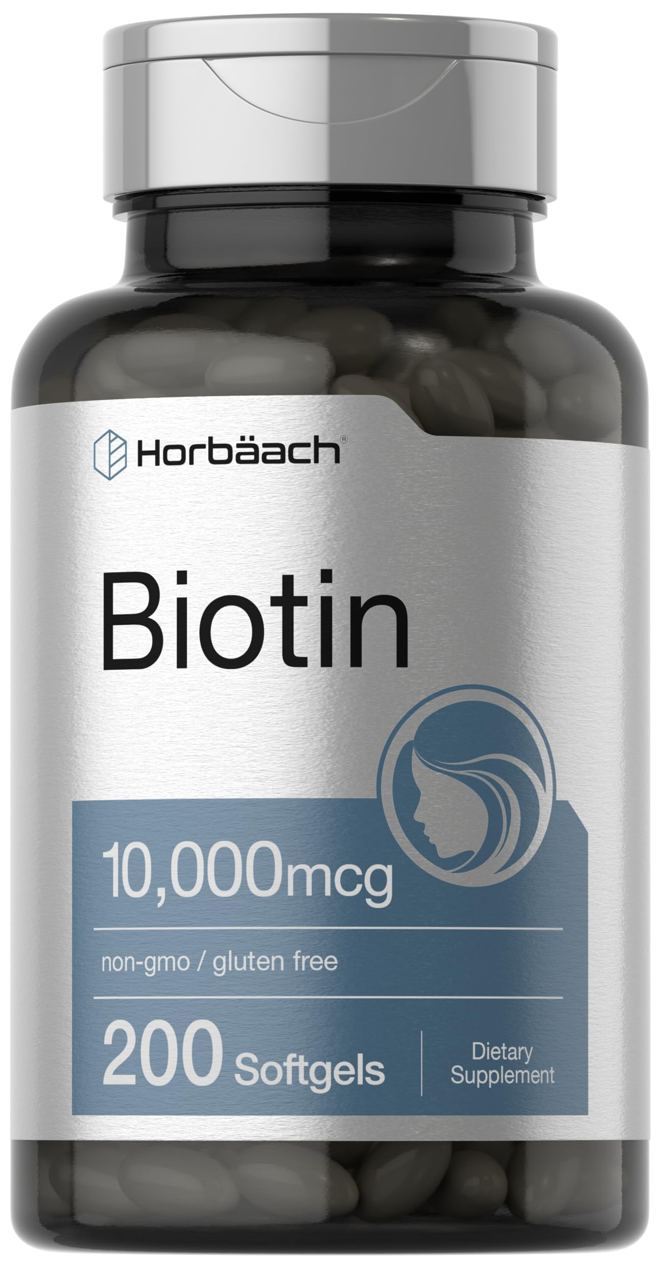 Horbaach Biotin 10000 mcg bottle with 200 softgels