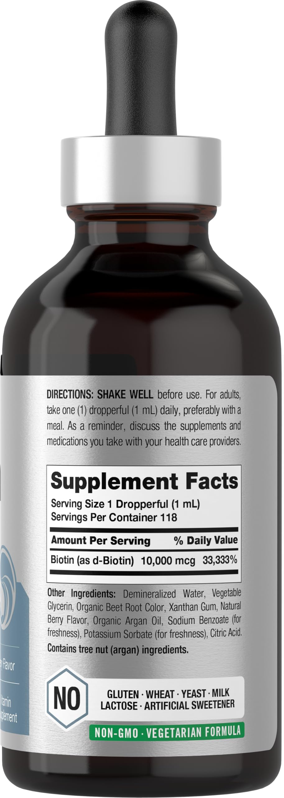 Label showing 10000 mcg on Horbäach Biotin Liquid Drops Berry Flavor