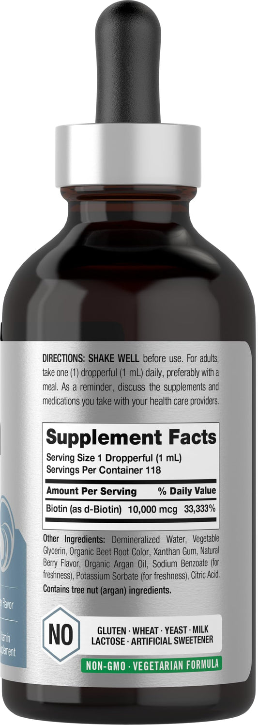 Label showing 10000 mcg on Horbäach Biotin Liquid Drops Berry Flavor