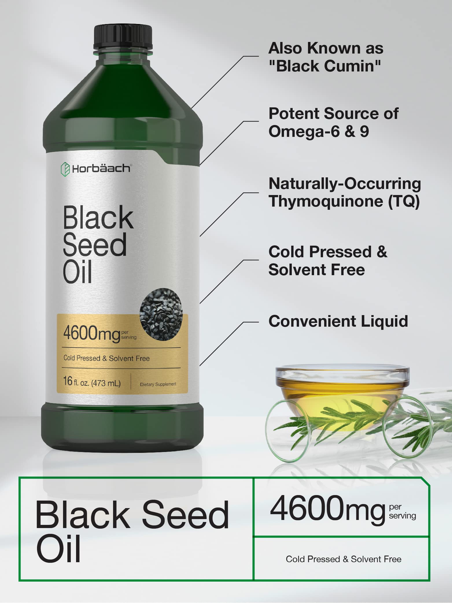 Close-up of bottle cap and label for Horbäach Black Seed Oil Liquid