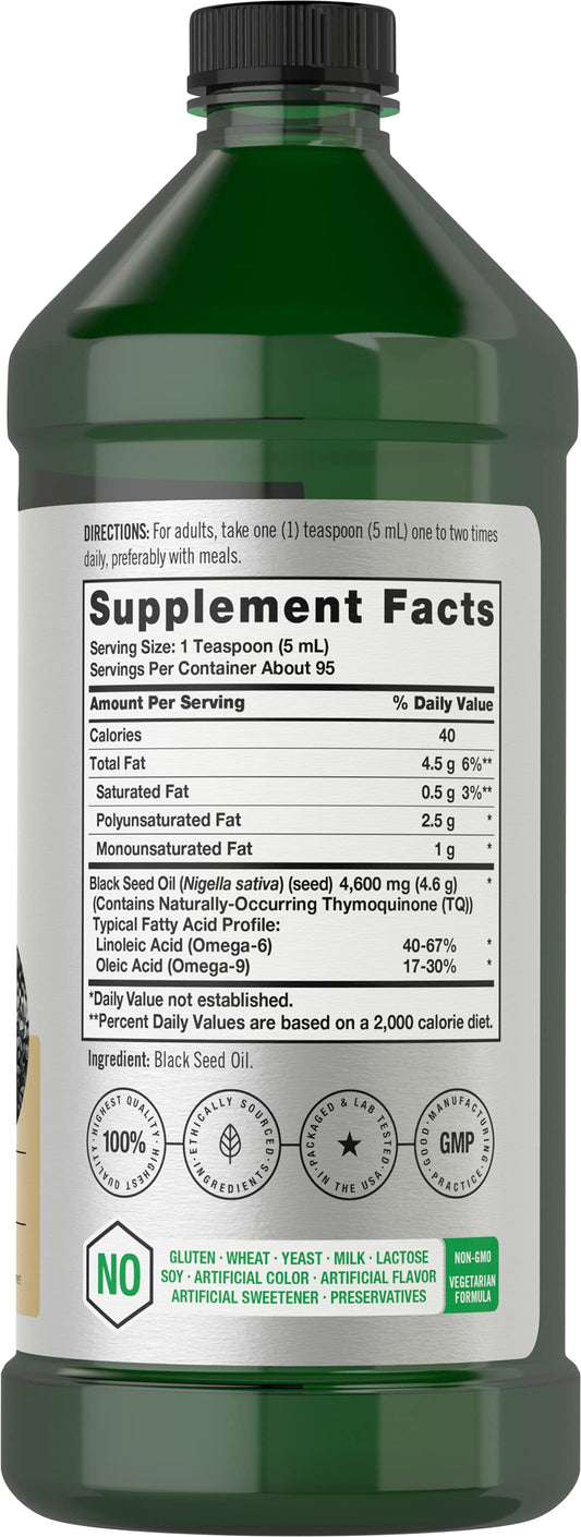Close-up view of Horbäach Black Seed Oil Liquid 16oz label