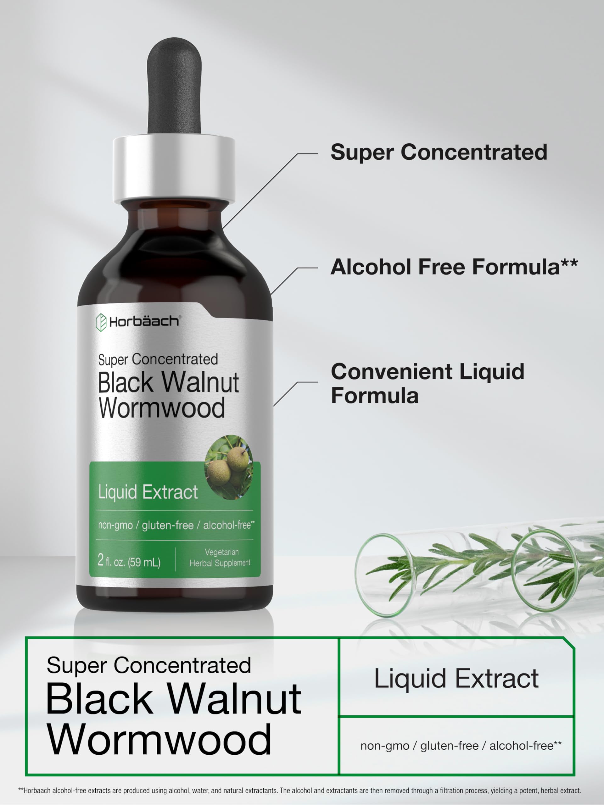 Label for Horbaach Black Walnut Hull Wormwood Extract Tincture 2 oz