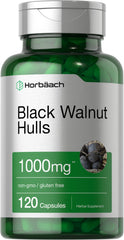 Horbaach Black Walnut Hulls capsules bottle close-up, 1000 mg per capsule