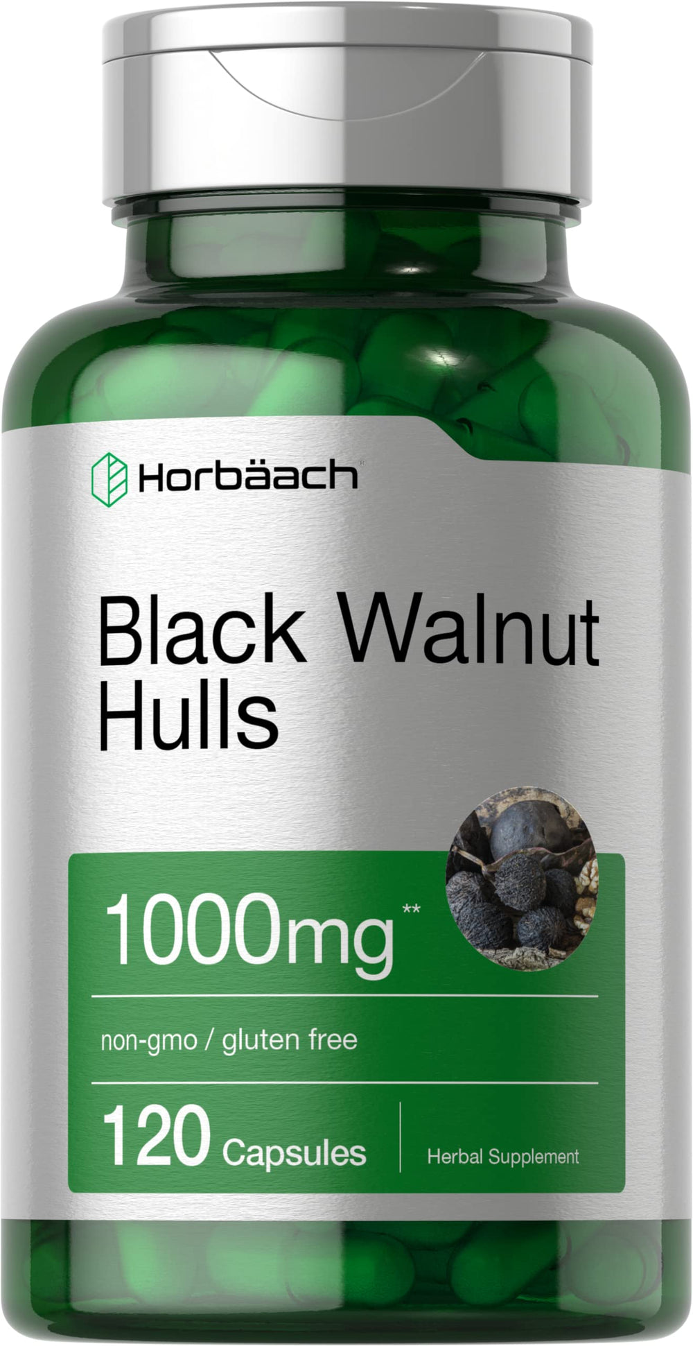 Bottle front label of Horbaach Black Walnut Hulls Capsules