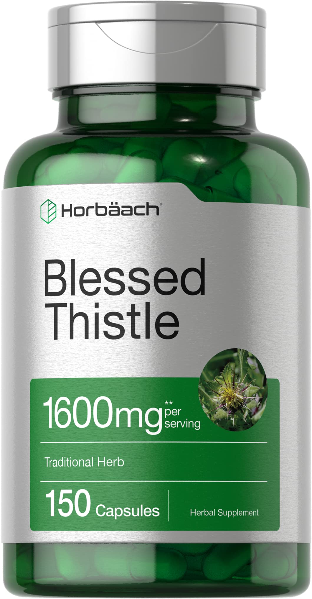 Front view of Horbaach Blessed Thistle 1600 mg capsules bottle (150-count)