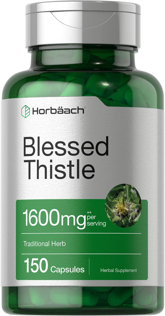 Front view of Horbaach Blessed Thistle 1600 mg capsules bottle (150-count)