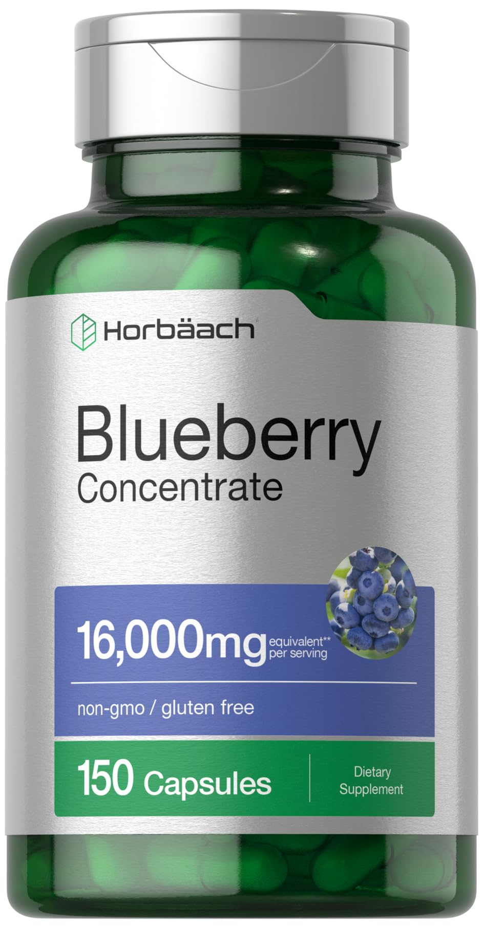 Front view of Horbaach Blueberry Extract bottle with capsules