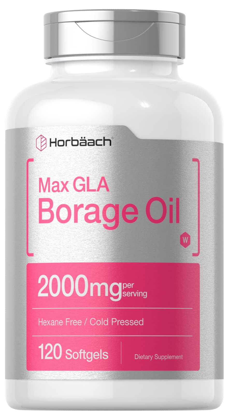 Horbäach Borage Oil Capsules bottle label showing 2000 mg per serving