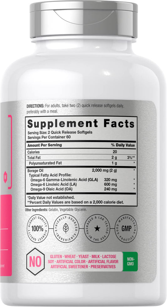 Close-up of Horbaach Borage Oil Capsules bottle with 120 softgels