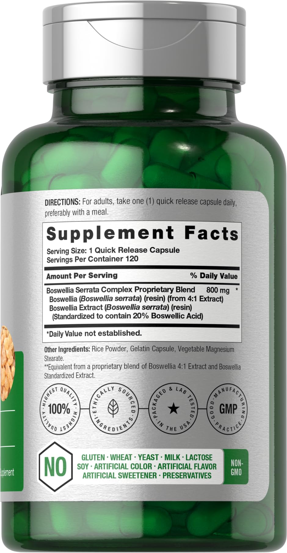 Back label showing supplement facts for Horbaach Boswellia Serrata Extract capsules