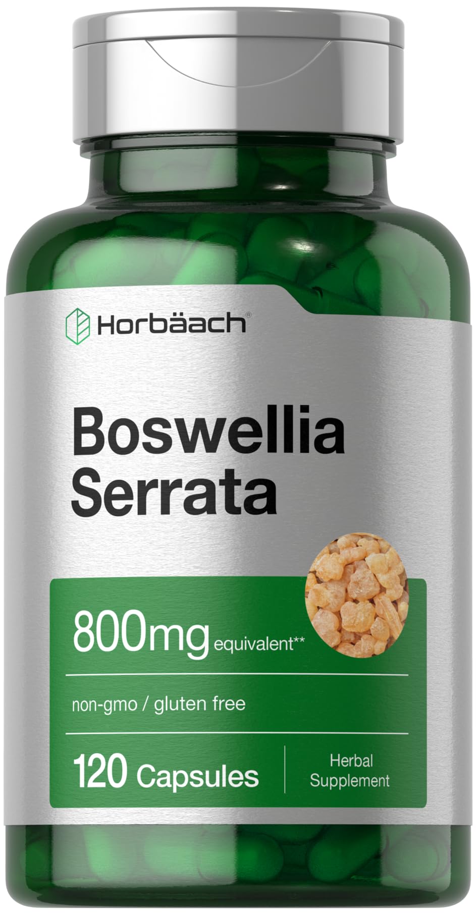 Front view of Horbaach Boswellia Serrata Extract 800mg 120-count capsules bottle