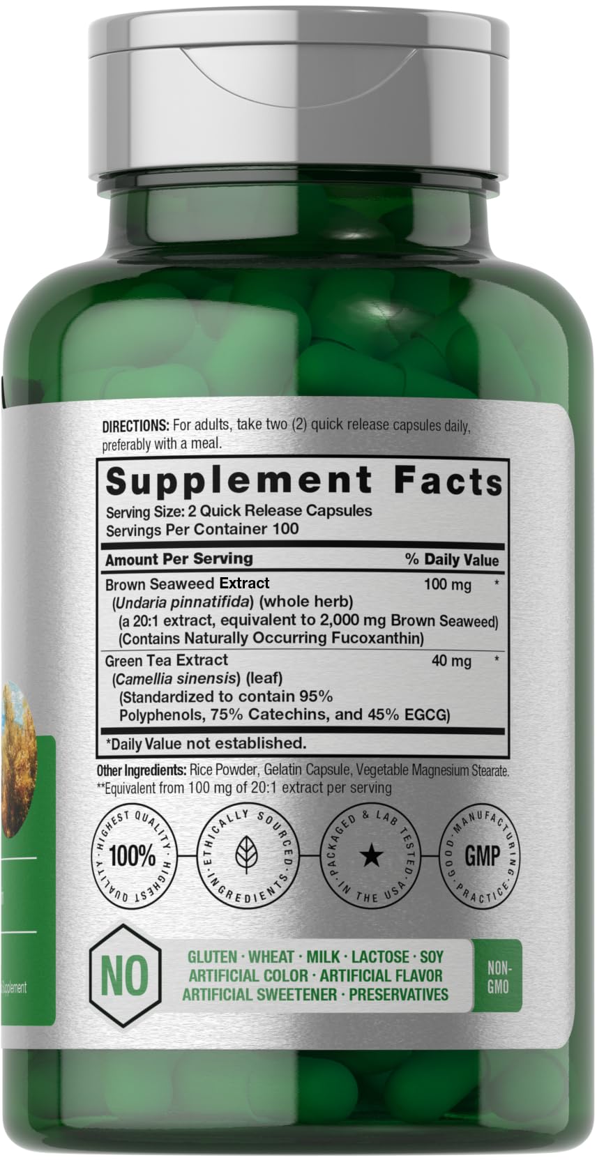 Back label showing supplement facts for Horbaach Brown Seaweed Extract
