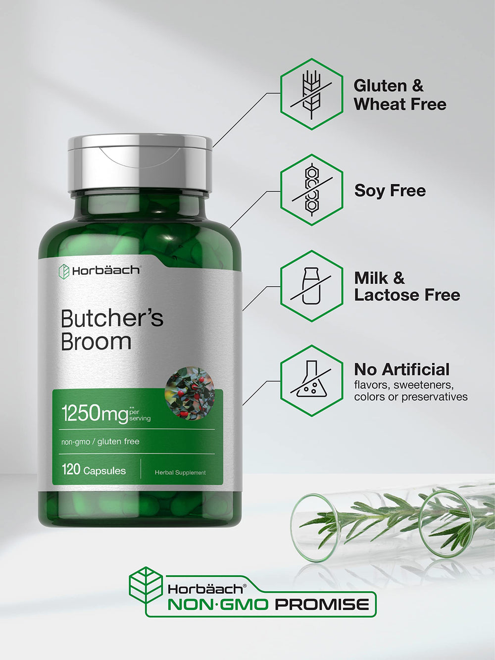 Close-up of 1250mg Butchers Broom capsules