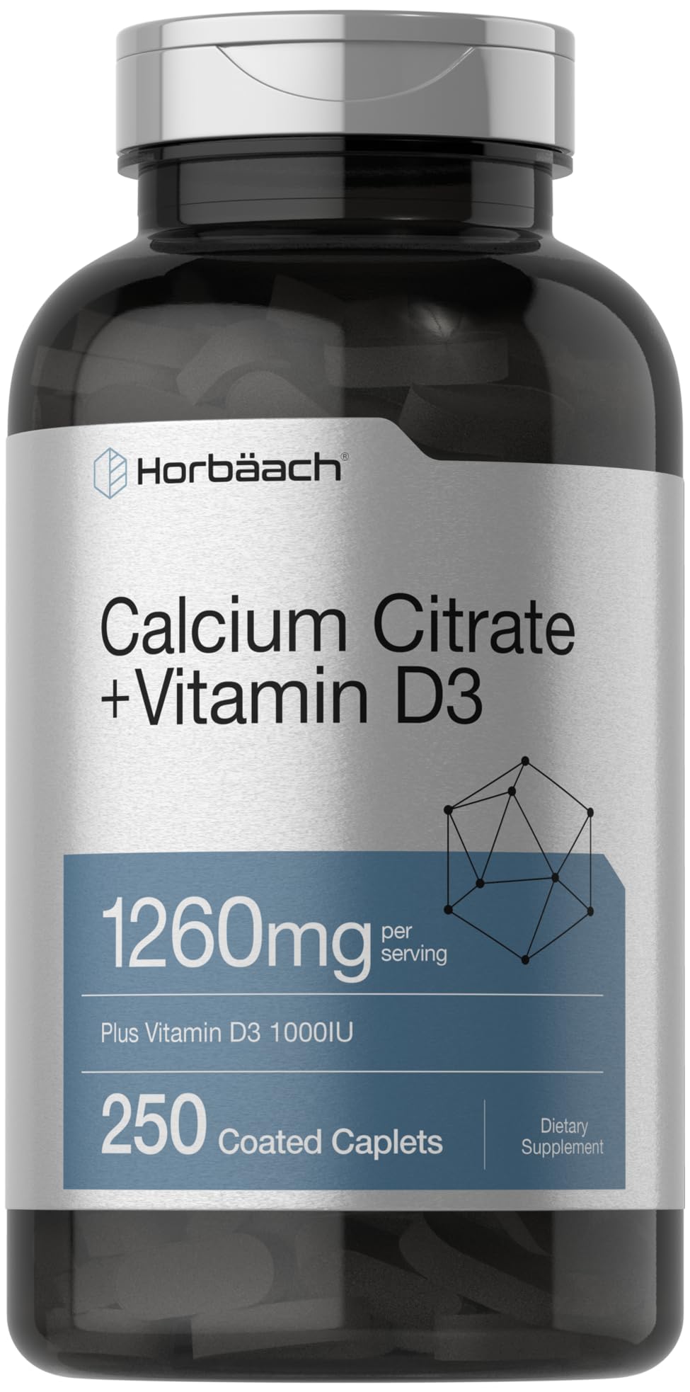 Bottle of Horbaach Calcium Citrate with Vitamin D3, 1260 mg, 250 caplets