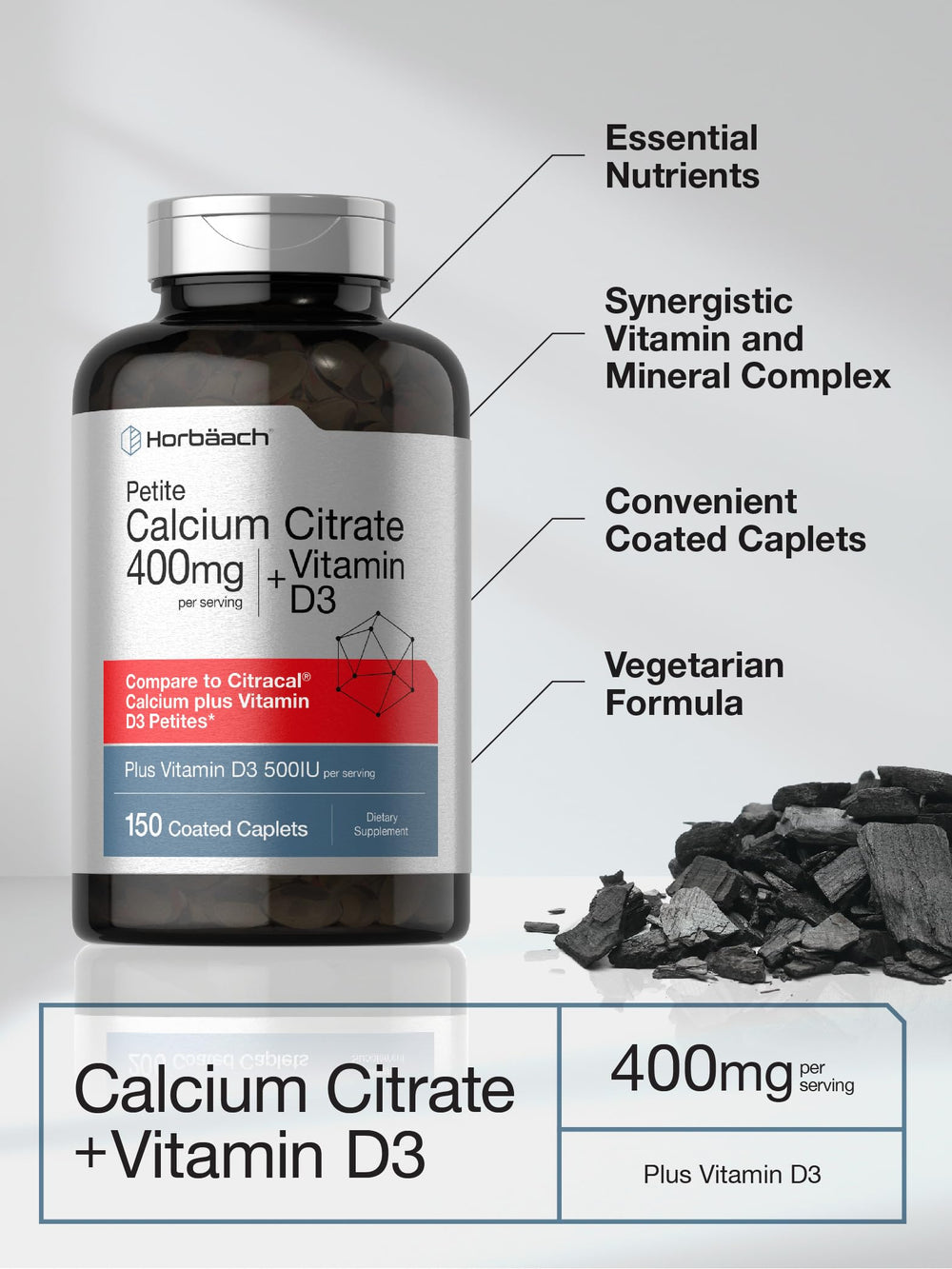 Nutritional facts label for Horbäach Calcium Citrate with Vitamin D3