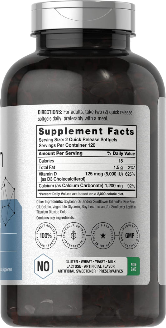 Close-up of Horbäach Calcium D3 5000 IU per serving label