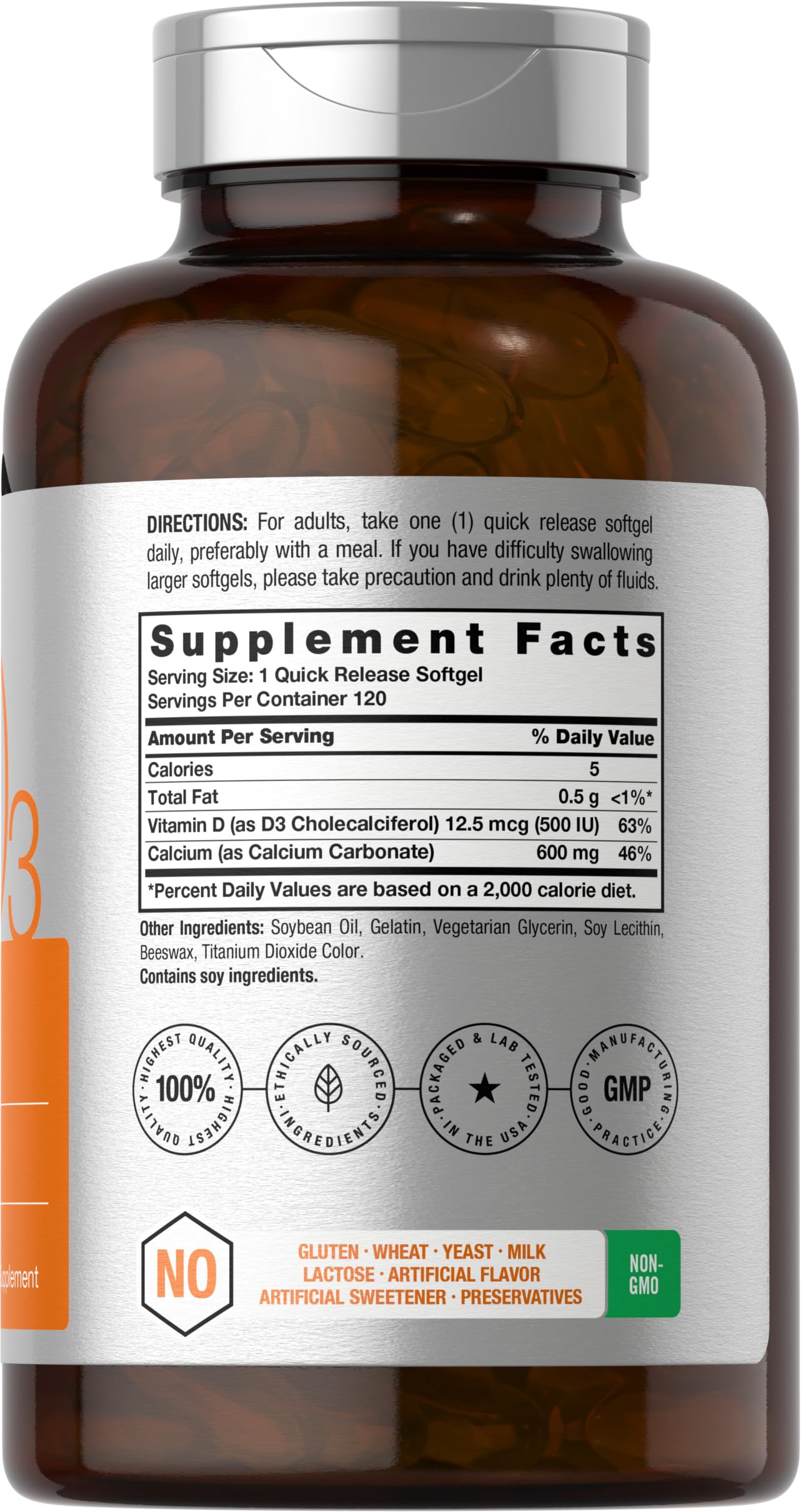 Front view of Horbaach Calcium D3 600 mg 120 softgels bottle