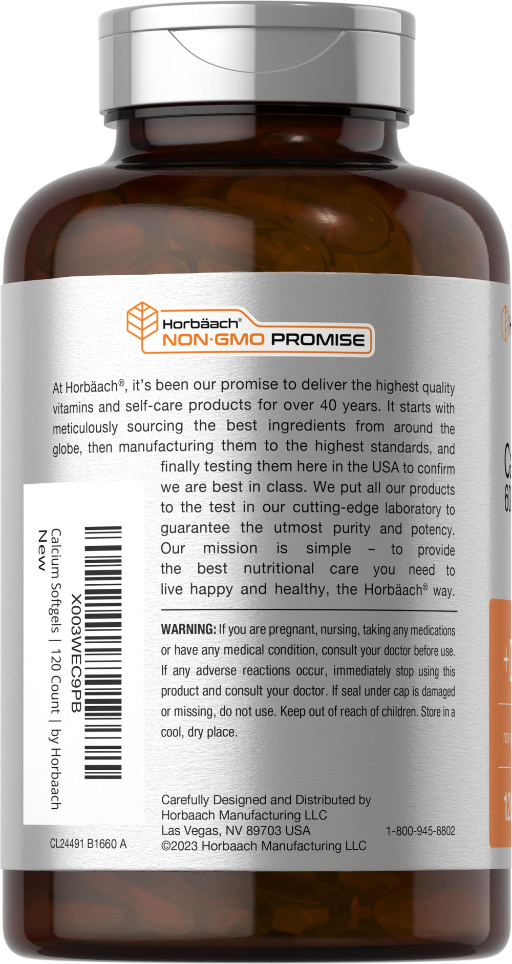 Calcium carbonate and Vitamin D3 details on Horbaach bottle