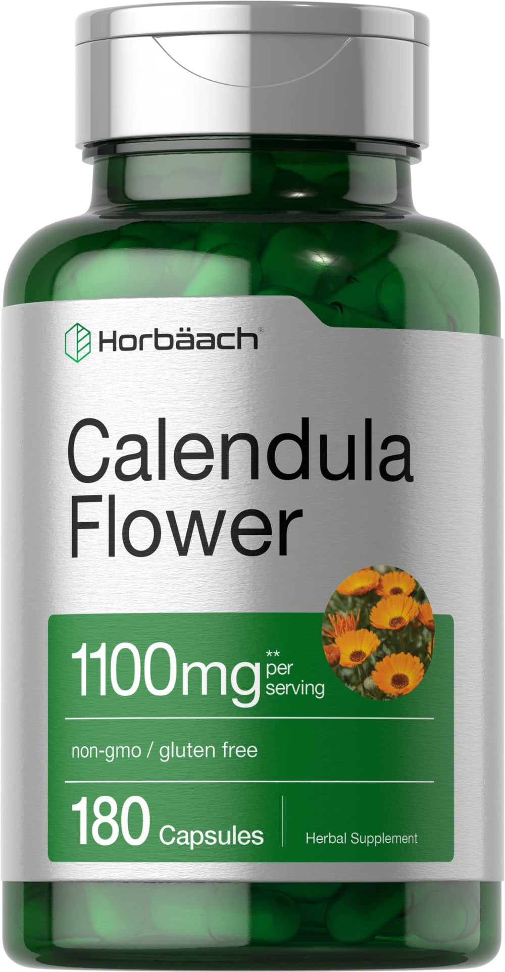Horbäach Calendula Capsules bottle showing 1100mg per serving