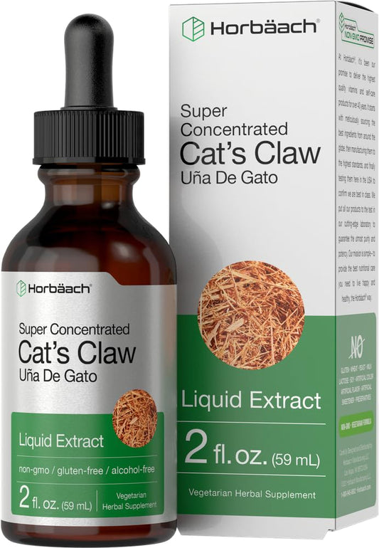 Horbäach Cat's Claw Herb Extract Tincture bottle, 2 fl oz, alcohol-free, vegetarian, non-GMO, gluten-free.