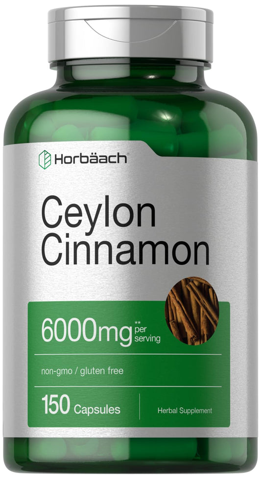 Horbäach Ceylon Cinnamon capsules bottle displaying 6000 mg per serving