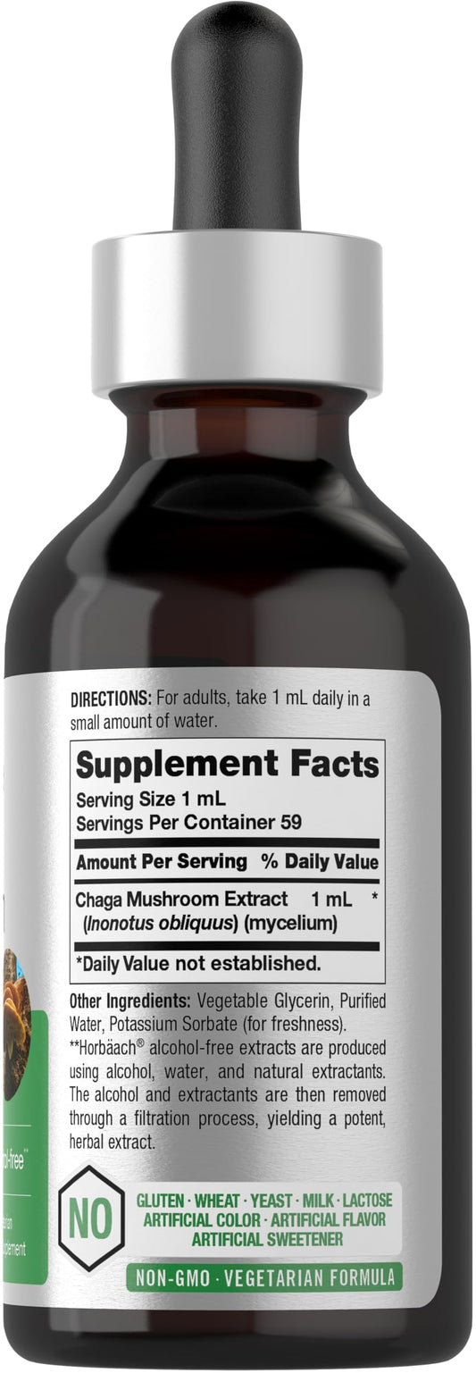 Close-up of Horbaach Chaga Mushroom Extract label on bottle