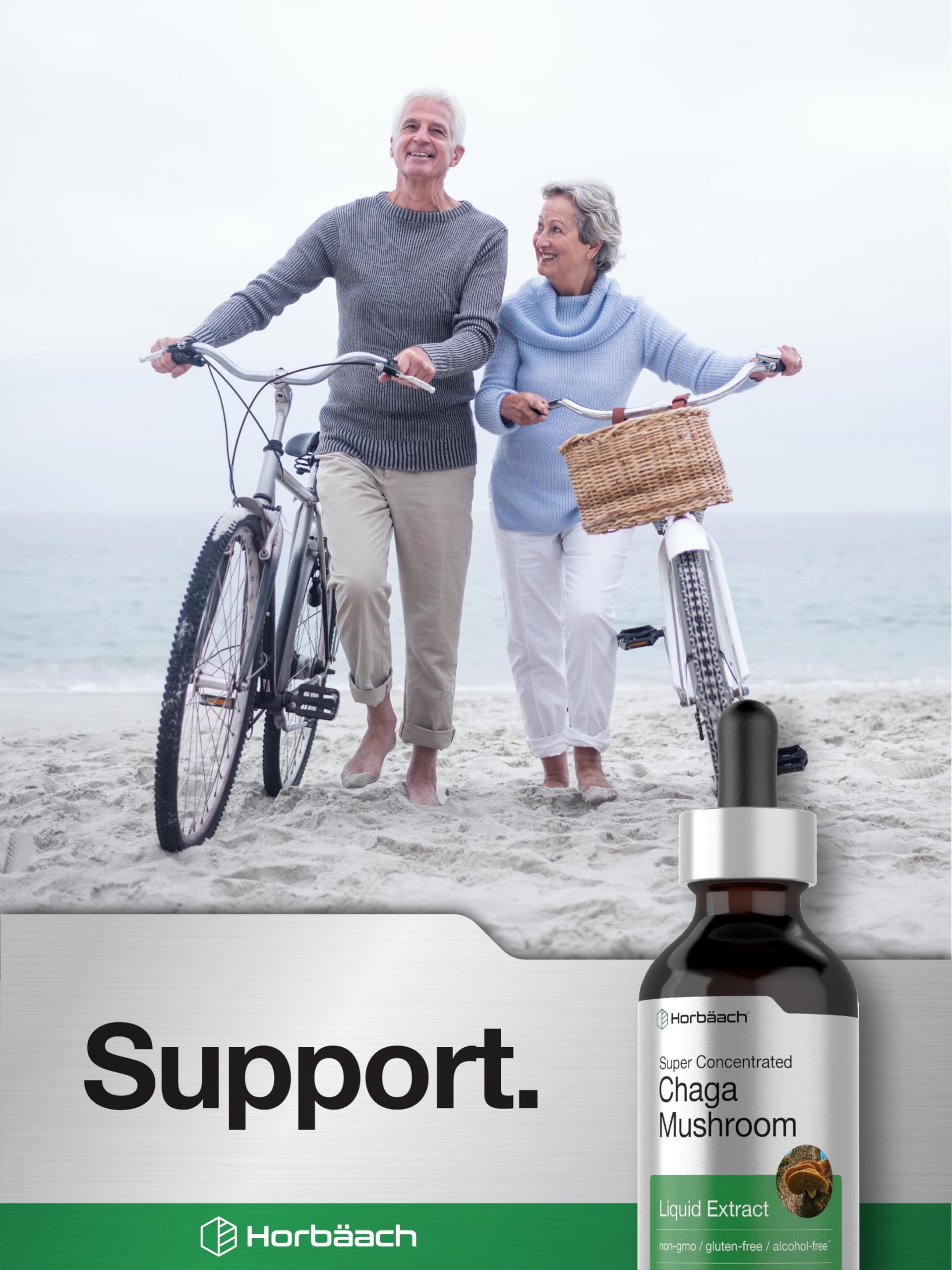 Lifestyle shot of Horbaach Chaga Mushroom Extract on a wooden surface