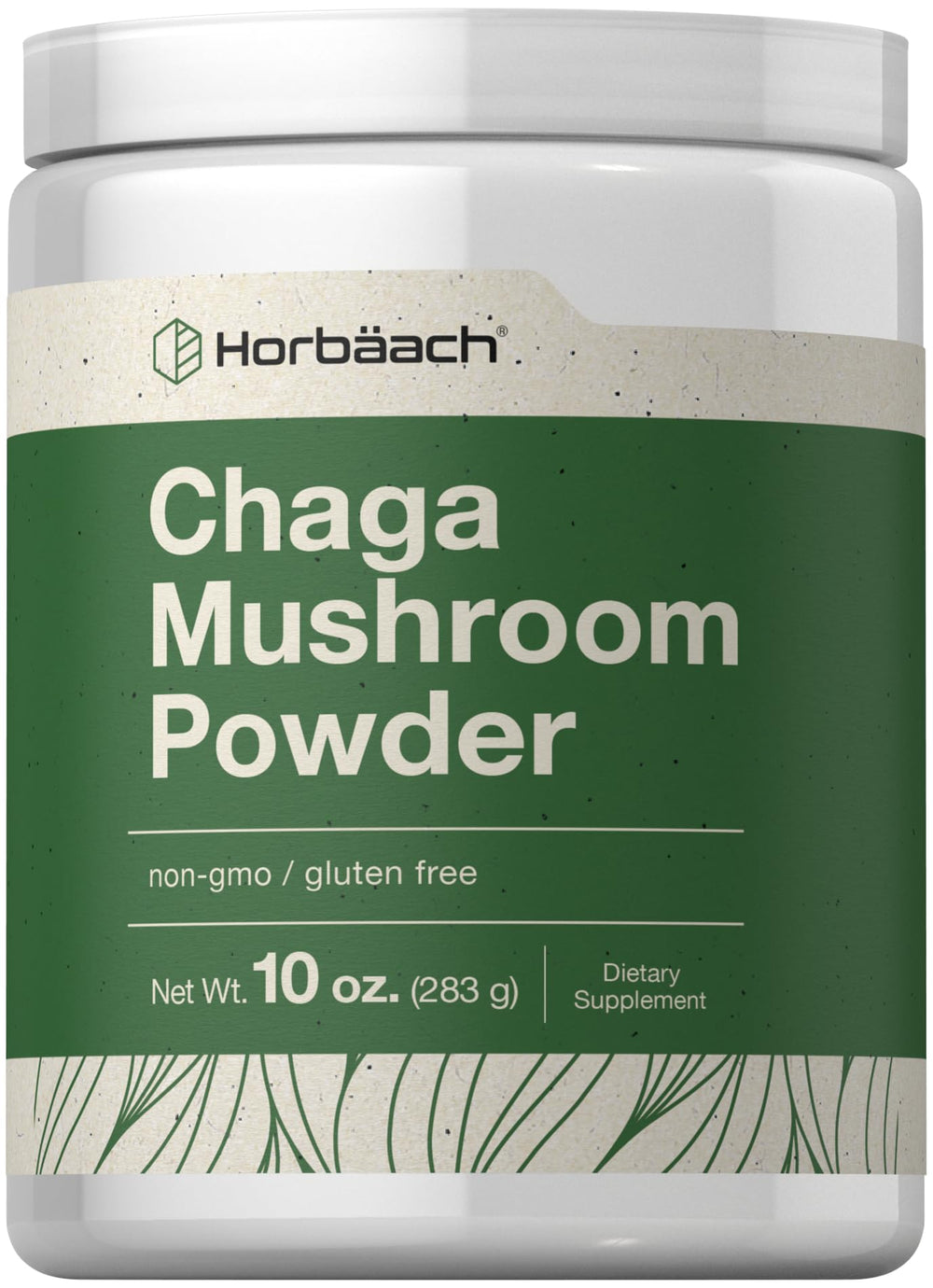 Front view of Horbäach Chaga Mushroom Powder 10 oz container