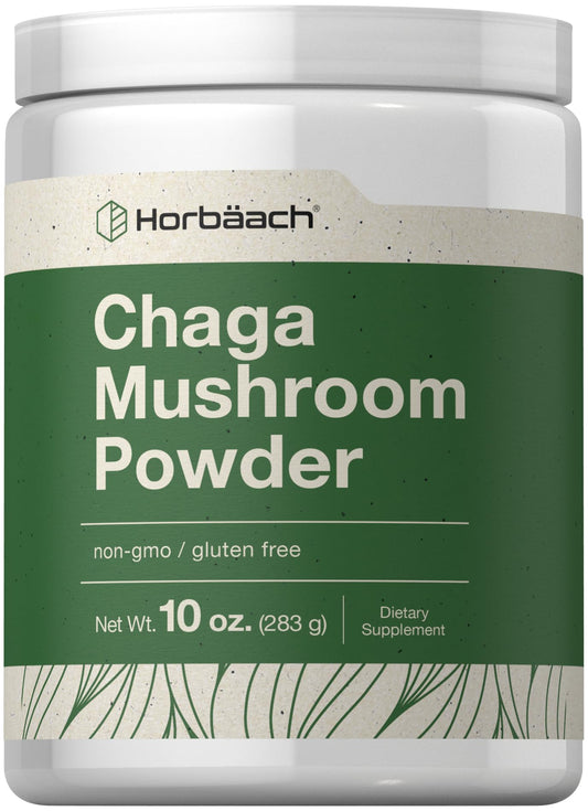 Front view of Horbäach Chaga Mushroom Powder 10 oz container