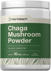 Front view of Horbäach Chaga Mushroom Powder 10 oz container