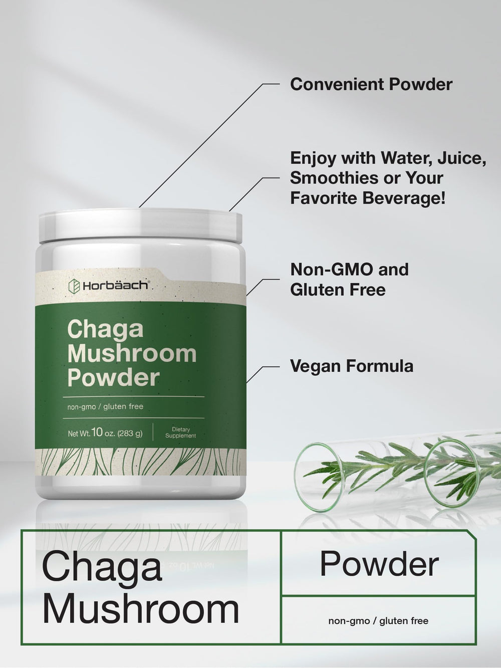 Horbäach Chaga Mushroom Powder 10 oz product label
