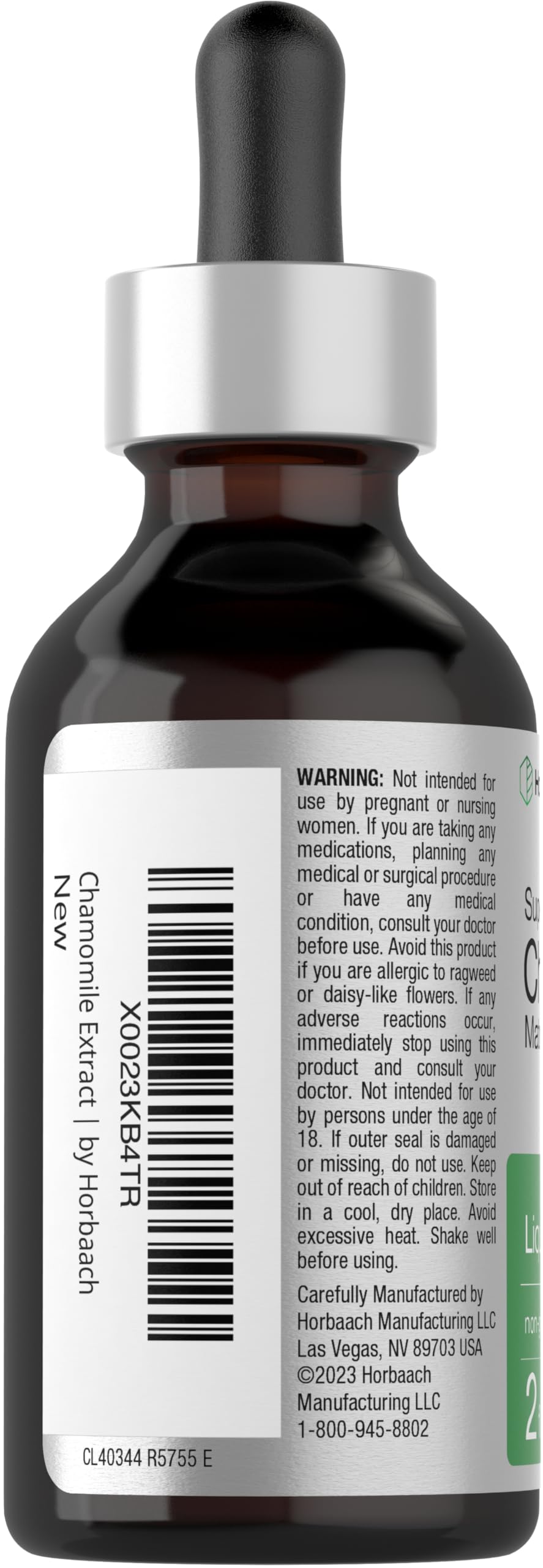 Close-up of Horbaach Chamomile Extract Liquid label