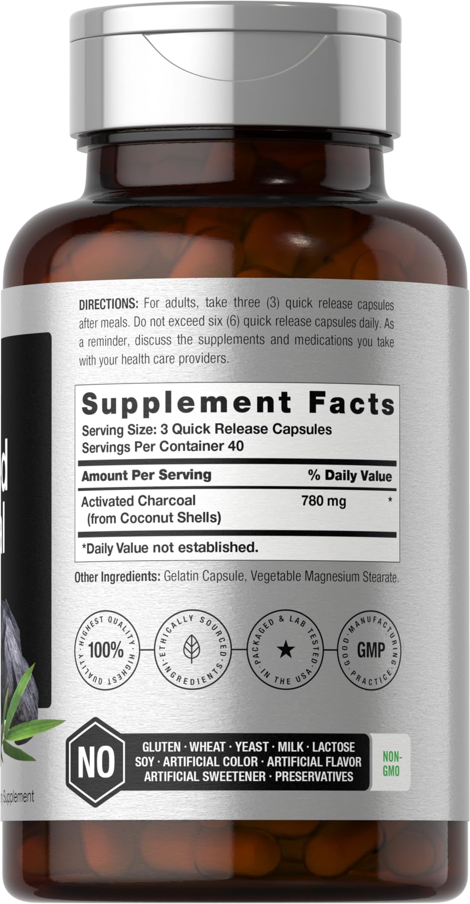 Close-up of Horbäach Charcoal Pills bottle showing 780 mg per capsule