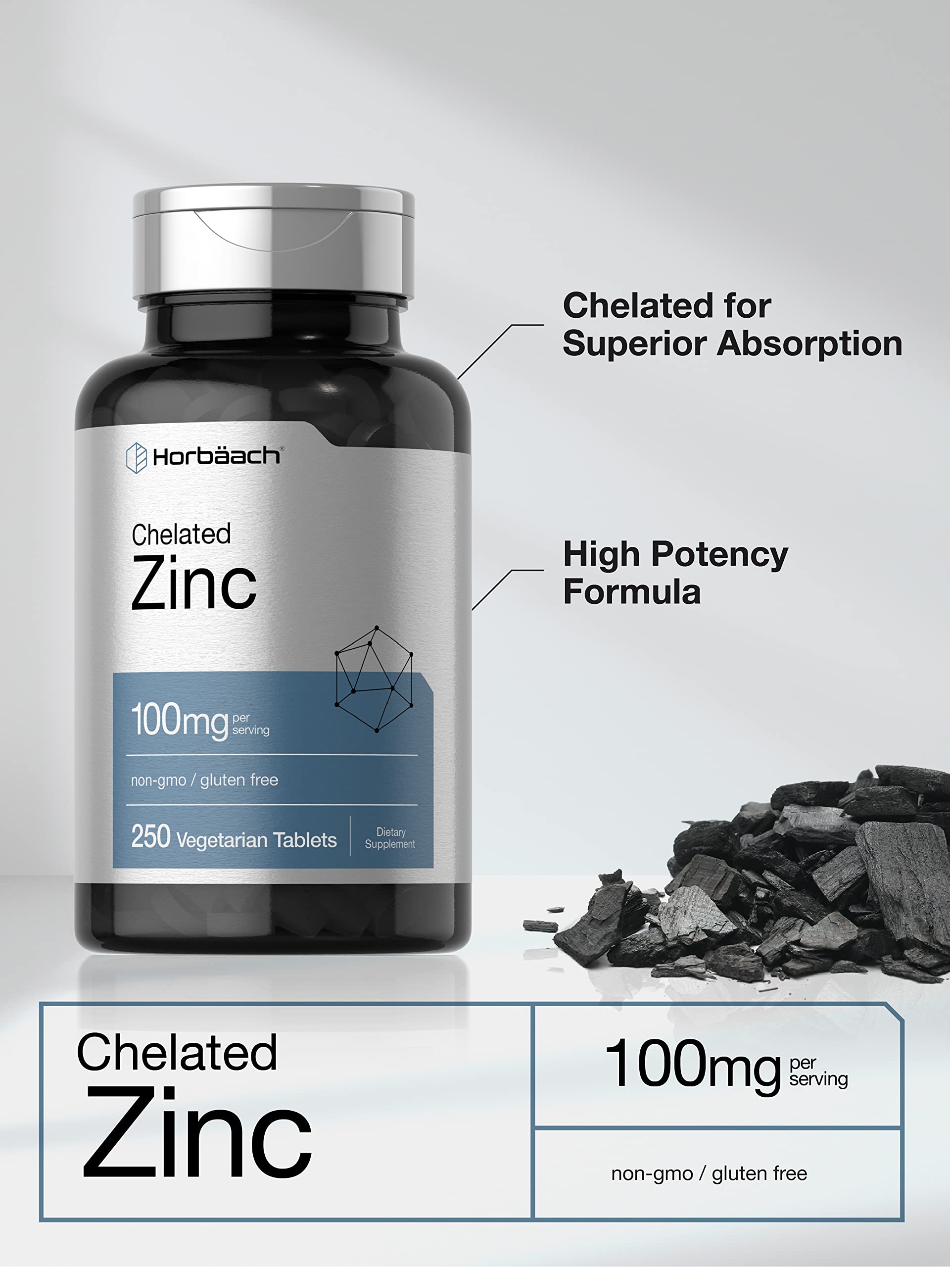 Packaging showing Non-GMO and Gluten Free indicators on Horbaach Zinc bottle