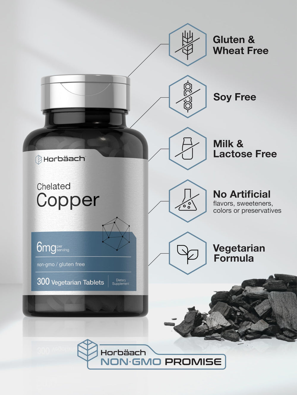 Horbäach Chelated Copper 6 mg bottle back label with supplement facts