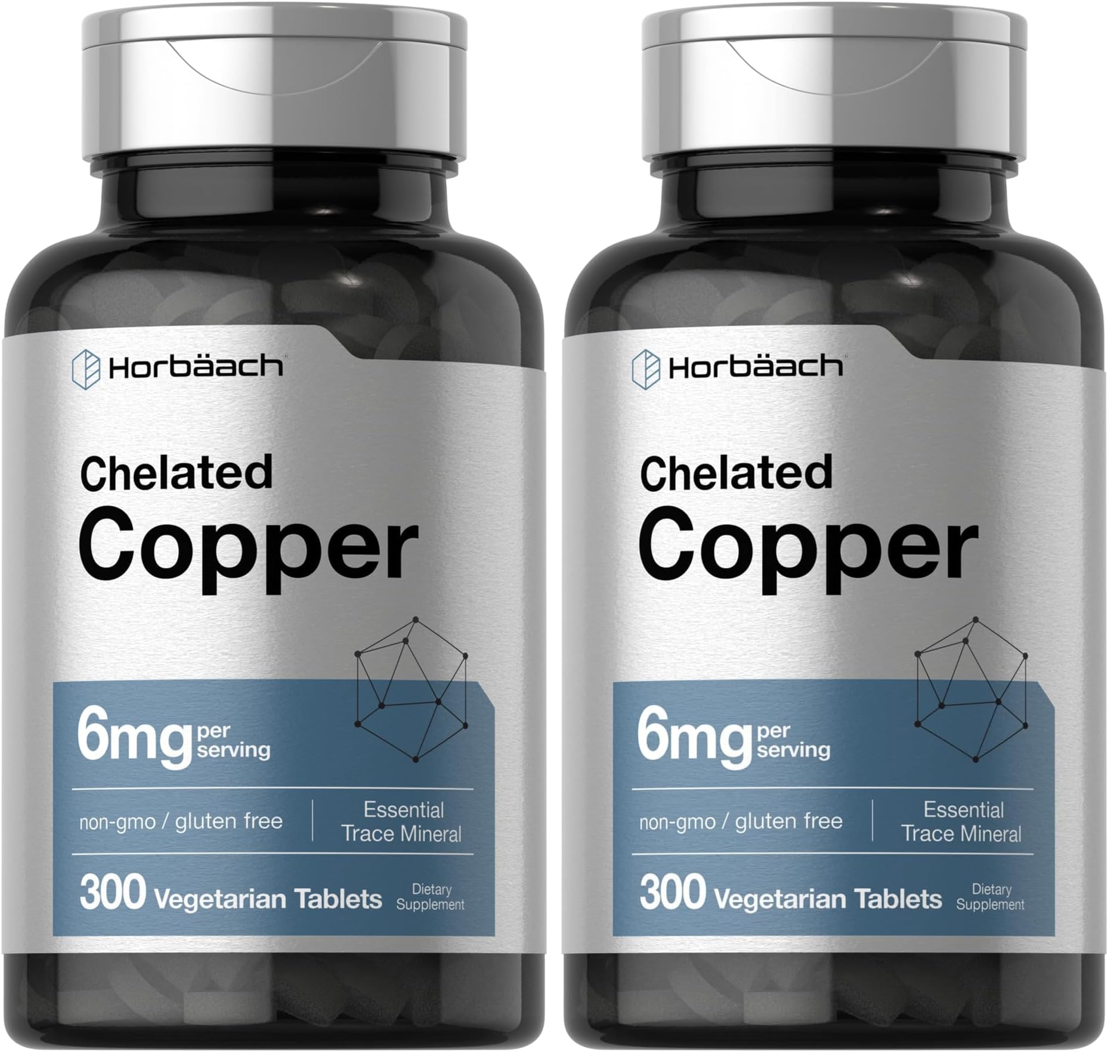 Horbäach Chelated Copper 6 mg bottle front view with 300 tablets (Pack of 2)